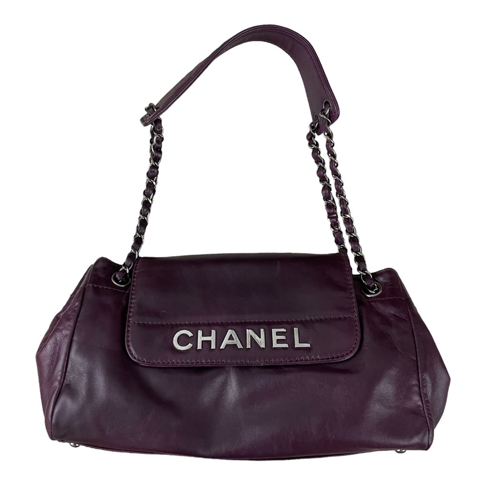 Chanel Lax Accordion Flap Shoulder Bag Leather Medium Plum Purple